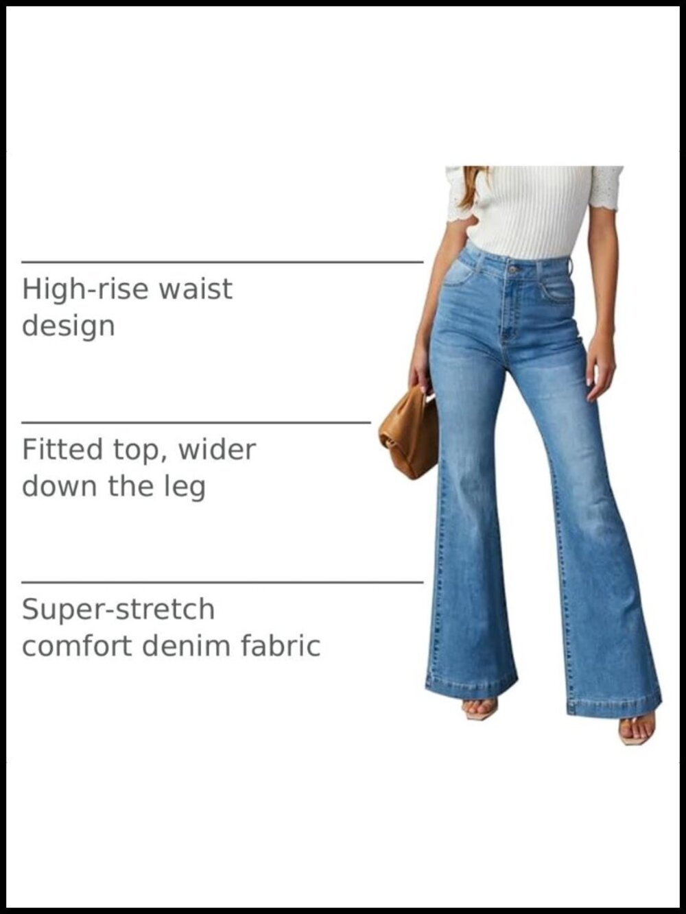 High Waisted Flare Bell Bottom Jeans Wide Leg Stretch Denim Pants - Picture 3 of 6